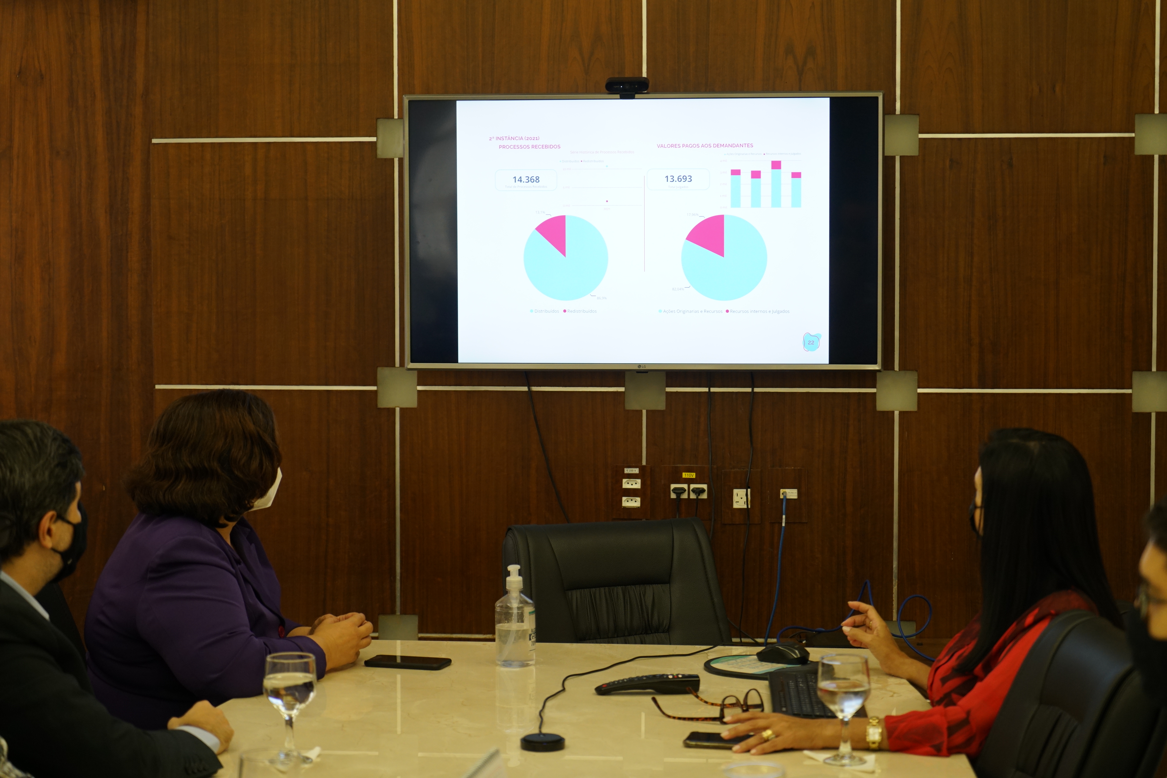 Foto da reunião em que constam a presidente e a diretora geral assistindo à apresentação do relatório, mediante slide exposto em monitor de TV