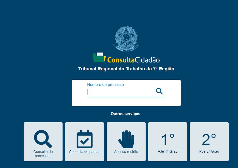Ilustração do acesso à ferramenta consulta cidadão. É uma imagem de fundo azul, tem um espaço em branco para colocar o número do processo e existem outras abas com serviços como "consulta de processos", "consulta de pautas", PJE 1o grau, PJE 2o grau
