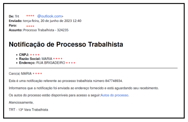 Modelo de email fraudulento