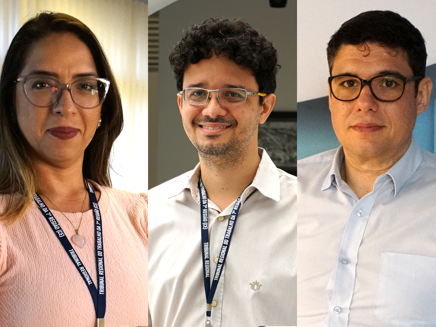 Mural com foto dos servidores Ana Paula, Tércio Victor e Davi Machado. Os três usam óculos, os dois primeiros usam crachá e estão sorridentes, enquanto Davi está mais sério.