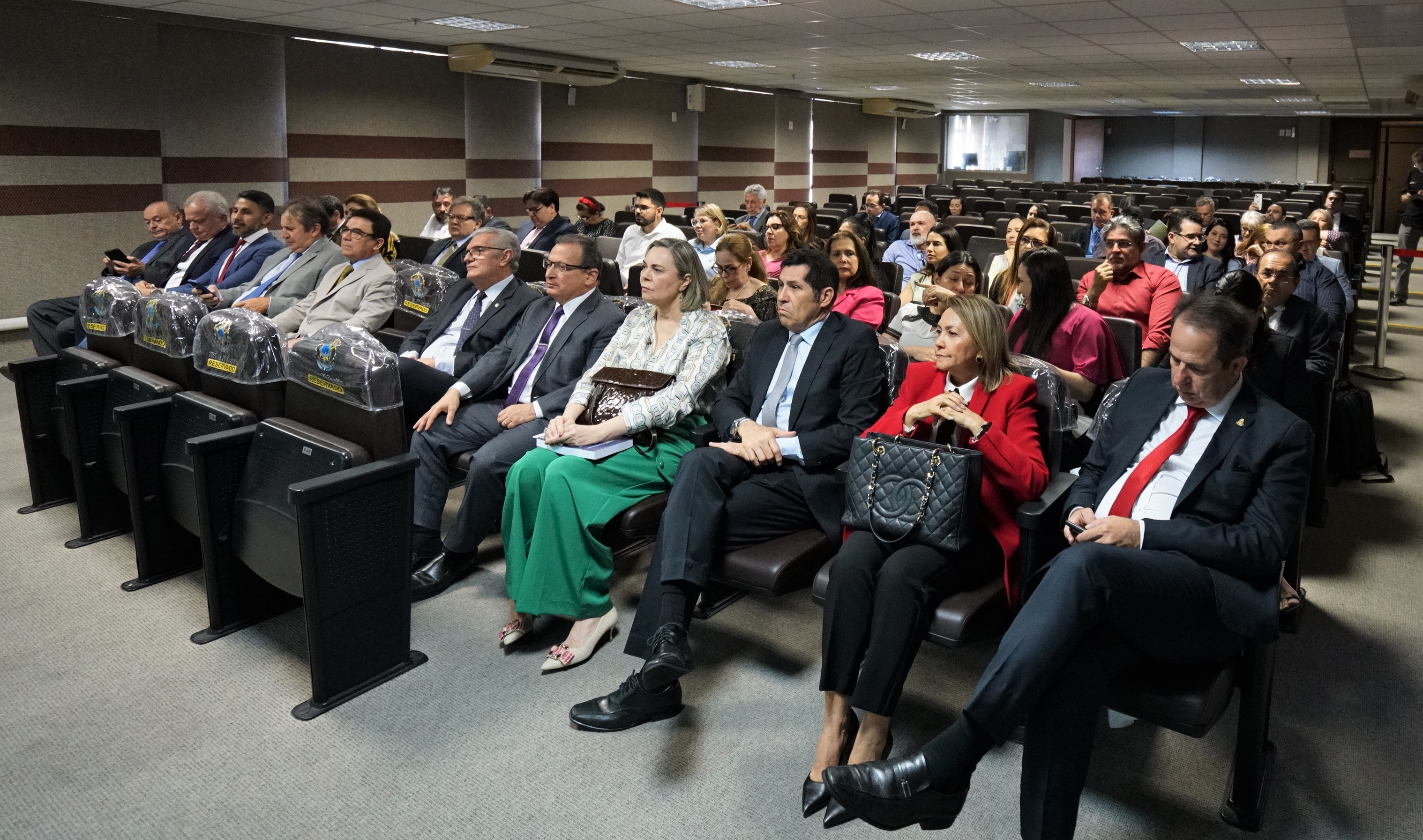 Foto do público presente no auditório. Homens e mulheres vestidos de maneira formal