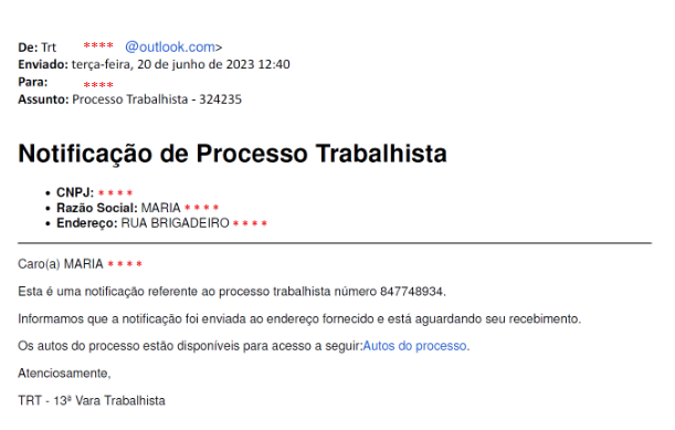 Notificação de Processo Trabalhista falsa