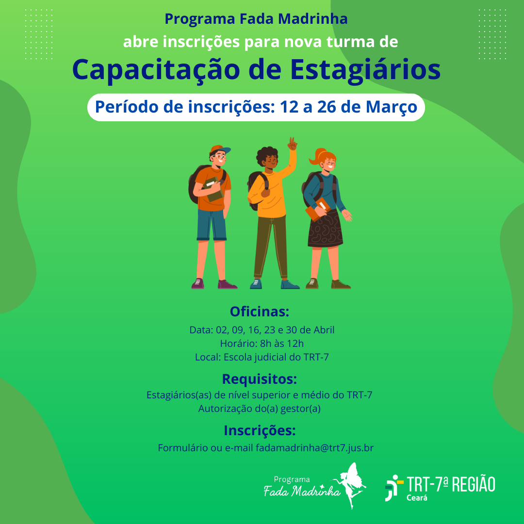Arte criada com os dados das oficinas. Constam três jovens na imagem, sendo dois rapazes e uma moça. O fundo da imagem está na cor verde e as palavras na cor azul