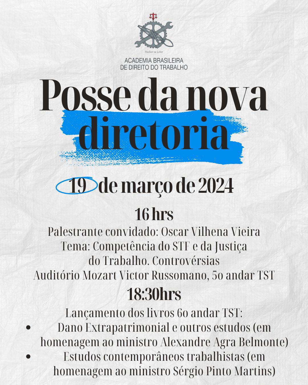 Convite para a posse da diretoria da ABDT. Está na cor cinza e consta a data, hora e local do evento