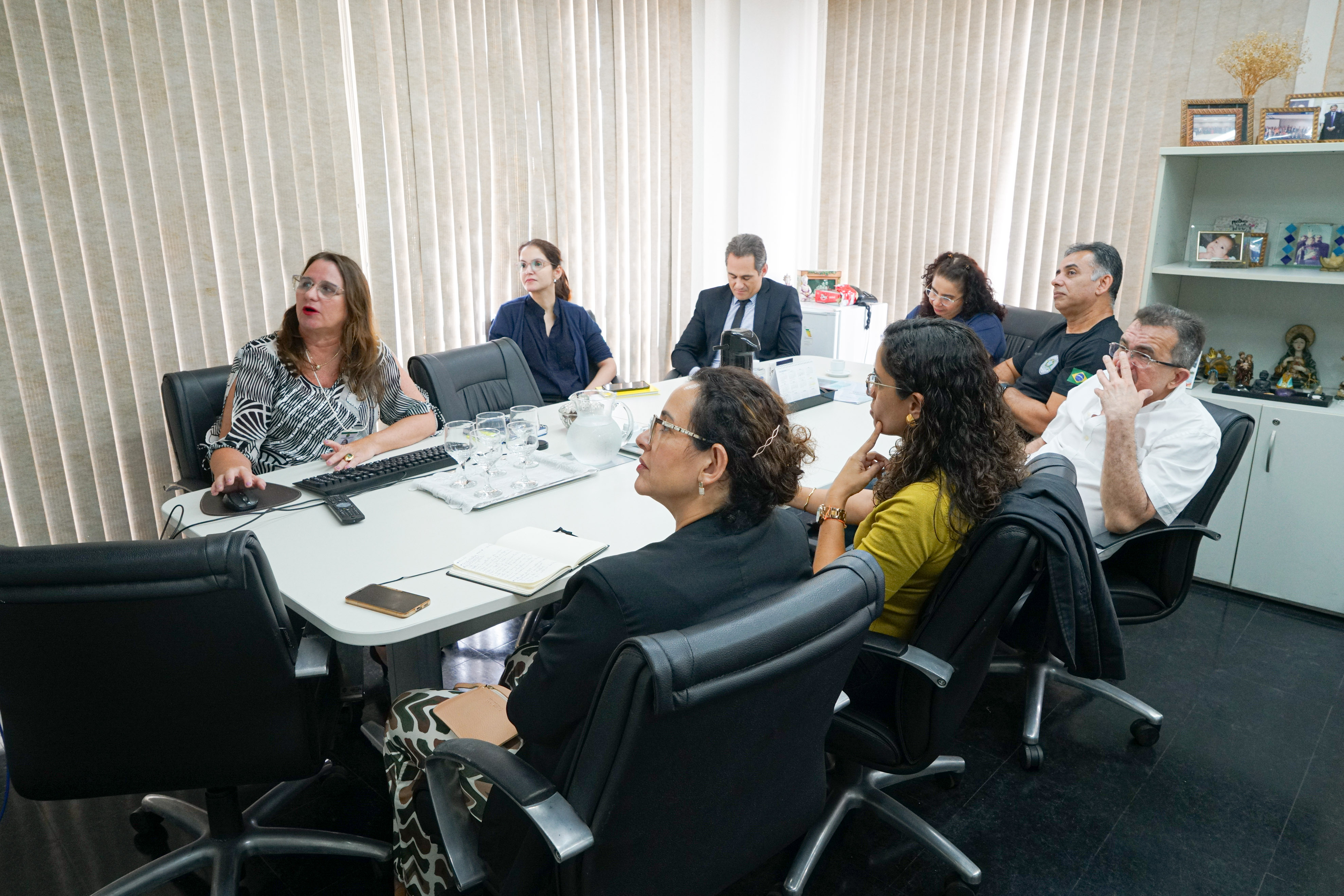 Foto dos participantes da reunião. Estão sentados ao redor de uma mesa retangular. A maioria está olhando para a tela de uma TV em que outras participantes estão falando