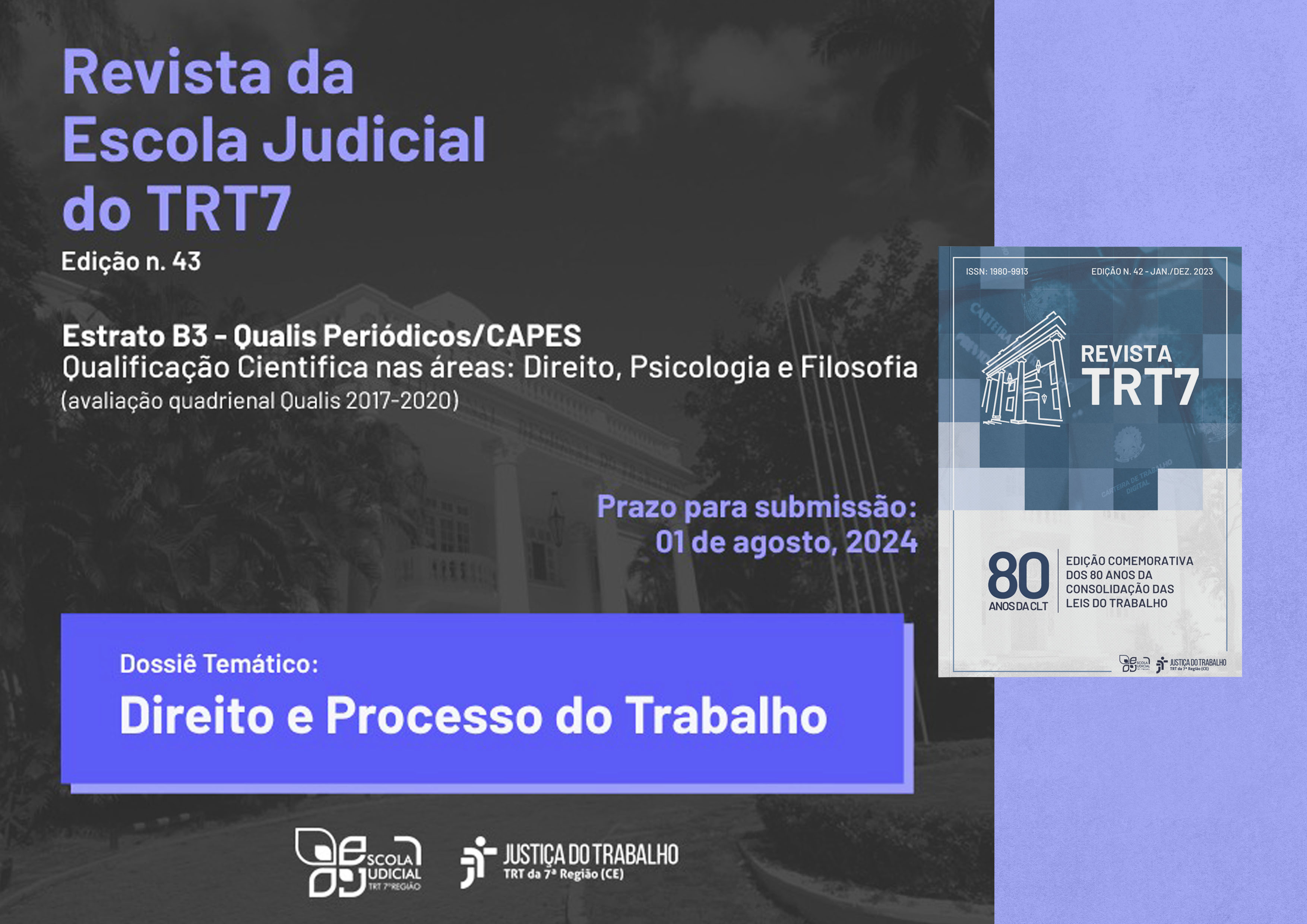 card de divulgação do edital da Revista do Tribunal Regional do Trabalho da 7ª Região - Edição nº 43. Texto em lilás e branco sobre fundo escuro. No canto direito, uma foto da capa da Revista, sobre fundo lilás
