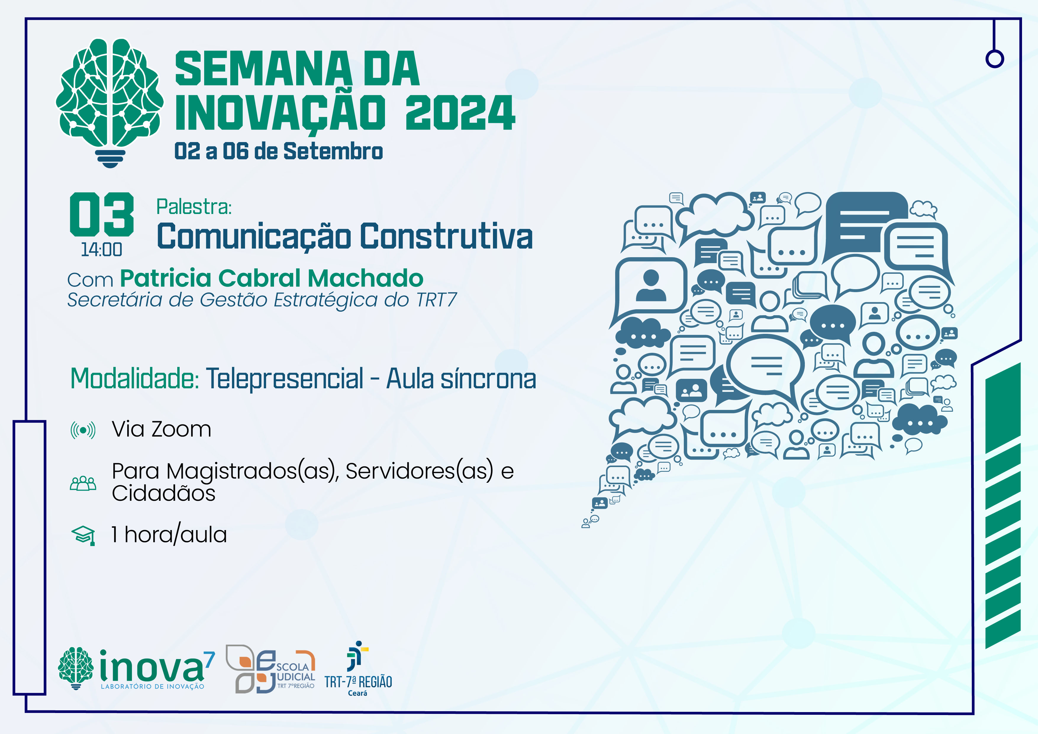 Ilustração de um balão de fala de quadrinhos formado por vários balões menores com símbolos e ícones relacionados à inovação. Título verde em fundo azul claro: Semana da Inovação 2024