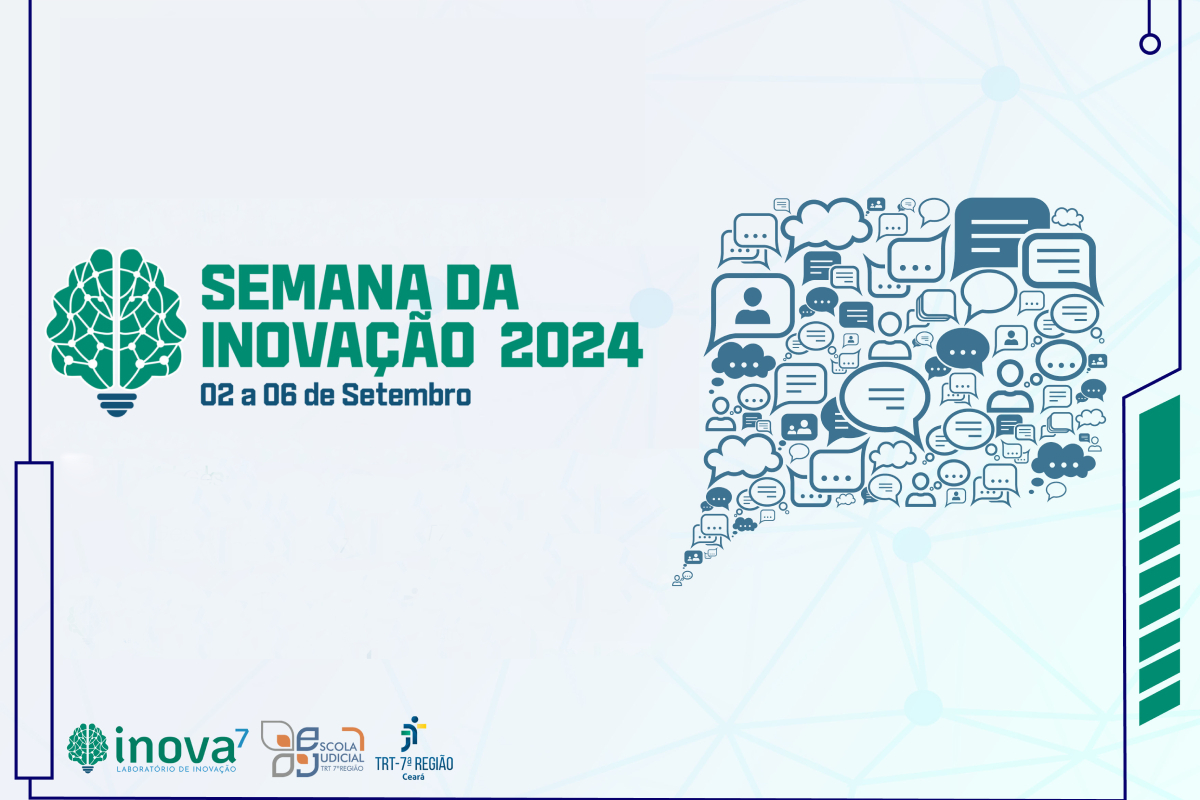 Ilustração de um balão de fala de quadrinhos formado por vários balões menores com símbolos e ícones relacionados à inovação. Título verde em fundo azul claro: Semana da Inovação 2024