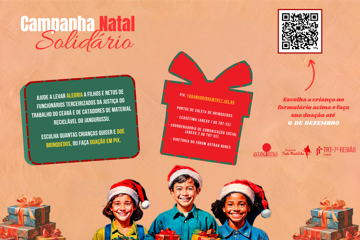 ilustração de três crianças segurando presentes com chapéu de papai noel, Texto: Natal Solidário