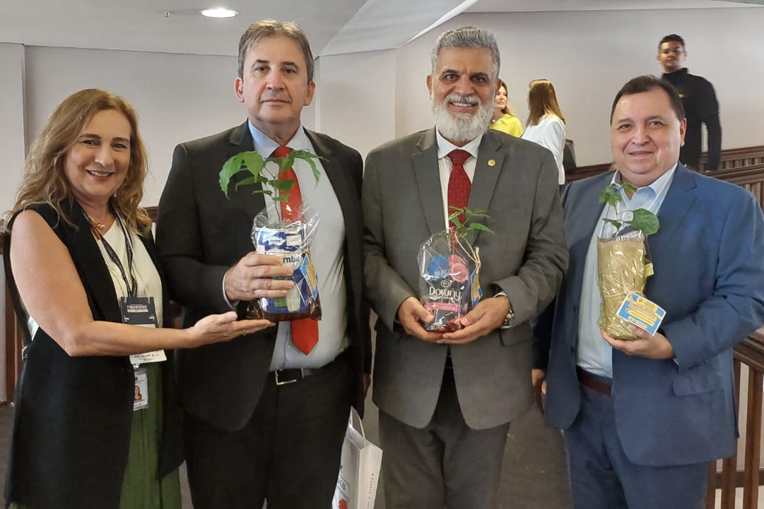 uma mulher e três homens de paletó seguram muda de planta