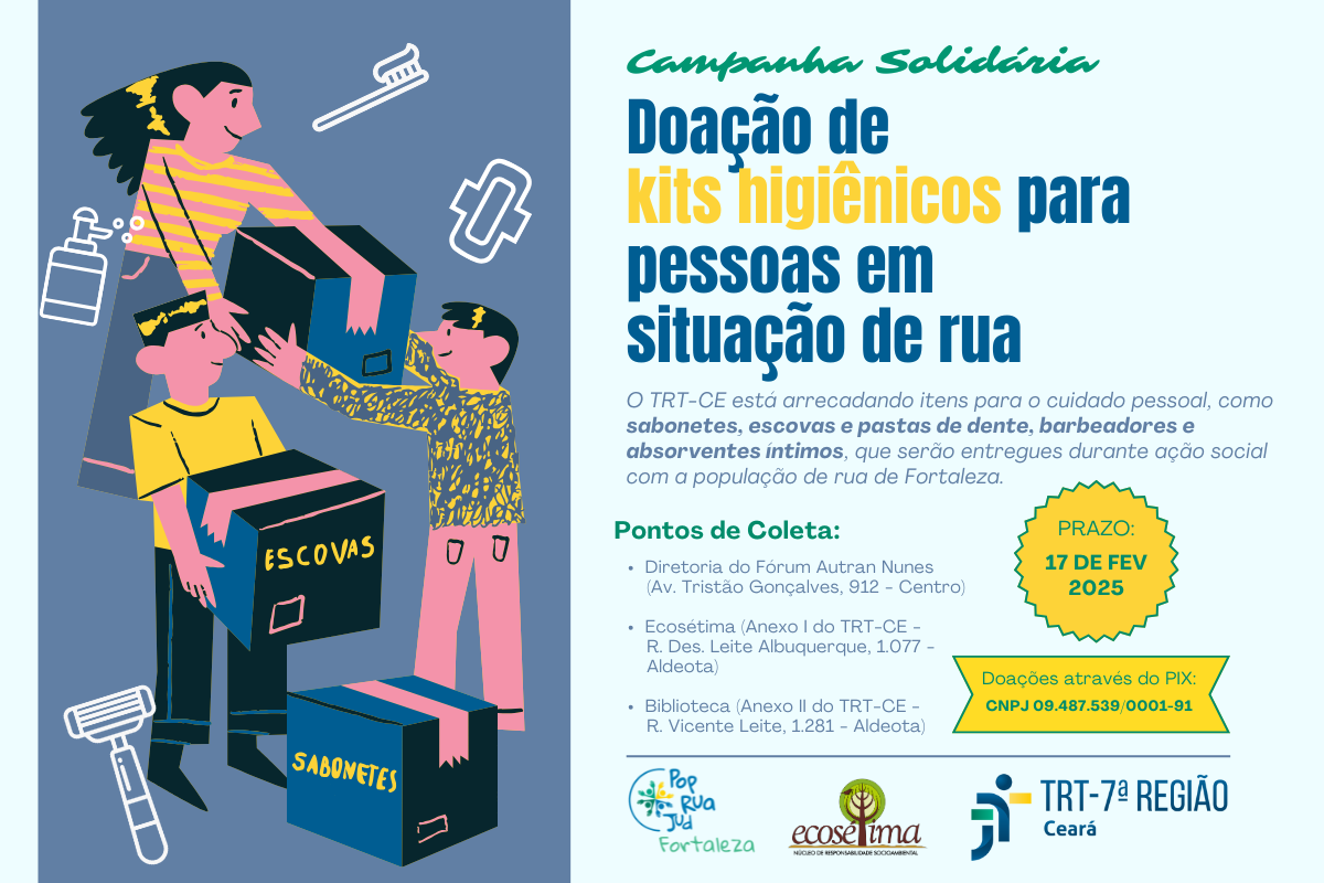 Ilustração colorida de pessoas carregando caixas com escova de dente, pasta, absorvente e sabonete. Título: Doação de kits higiênicos para pessoas em situação de rua