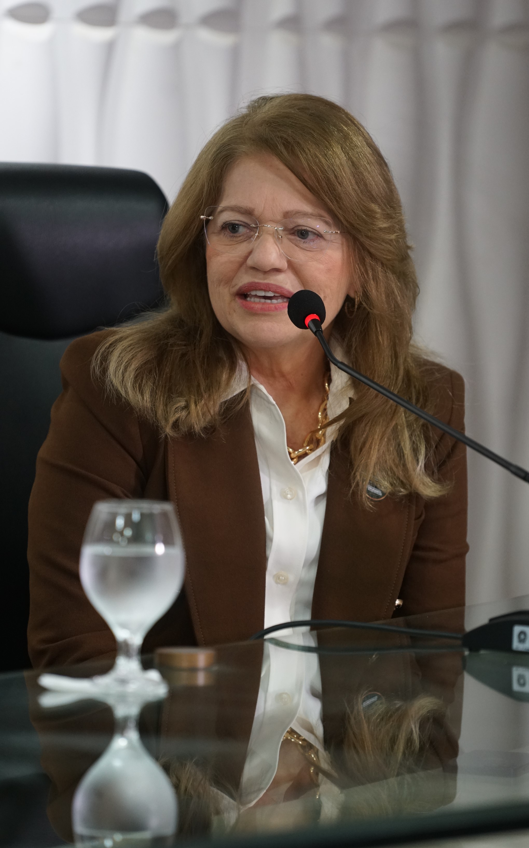 Uma mulher de pele clara, com cabelos loiros na altura dos ombros e óculos, está sentada a uma mesa com um microfone à sua frente. Ela veste um blazer marrom sobre uma camisa branca de colarinho e um colar dourado. Um copo de água transparente está à sua esquerda na superfície reflexiva da mesa. Ela parece estar falando.
