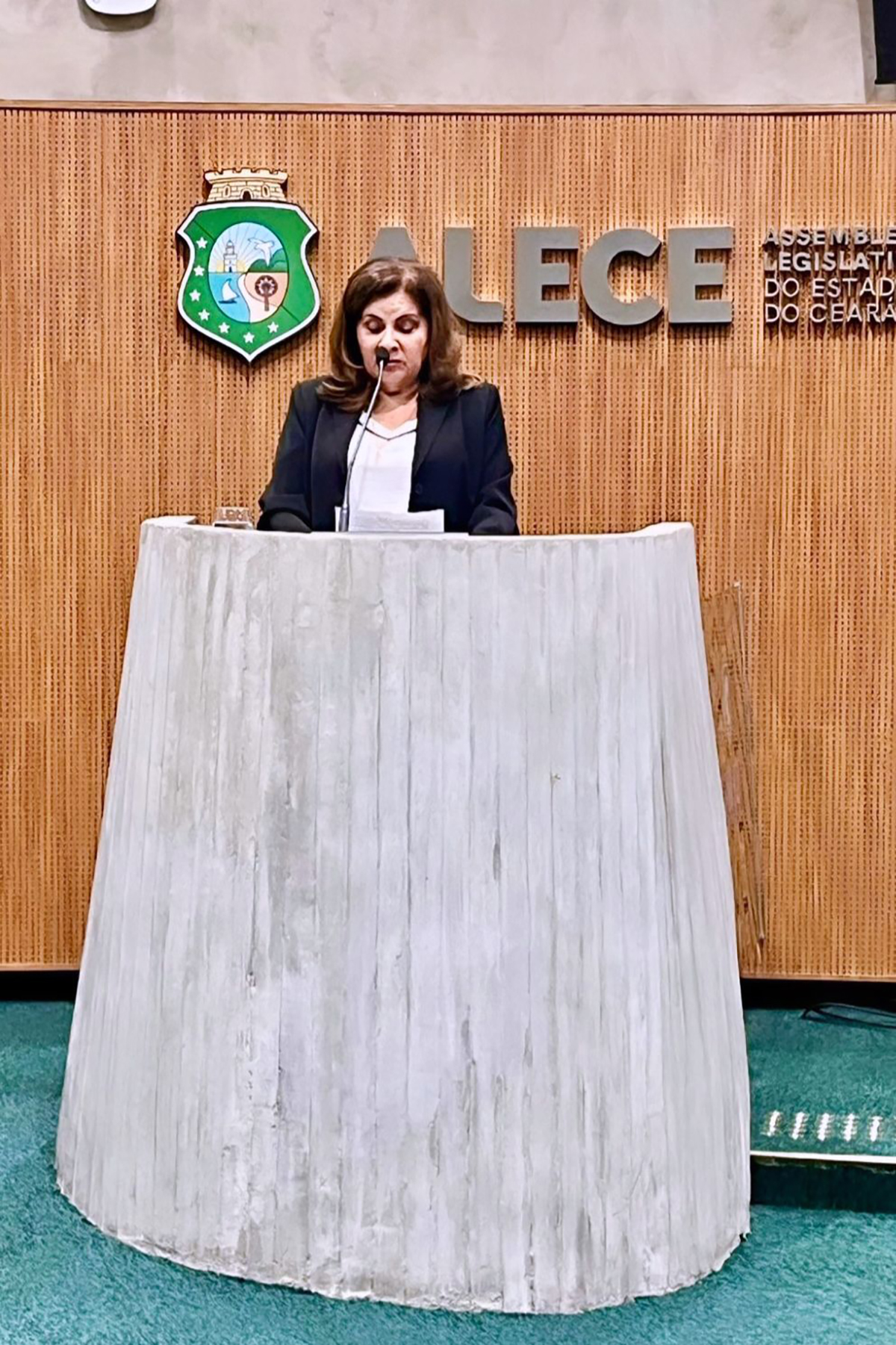 Uma mulher de meia-idade com cabelos castanhos está em pé atrás de um pódio em uma sala com painéis de madeira. Ela veste um blazer preto sobre uma blusa branca e parece estar falando em um microfone. Atrás dela, na parede de madeira, há um brasão e a palavra "ALECE" em letras grandes, seguidas pela inscrição menor "ASSEMBLEIA LEGISLATIVA DO ESTADO DO CEARÁ". O pódio é de cor clara e tem um formato cônico. O chão ao redor do pódio é verde-azulado.
