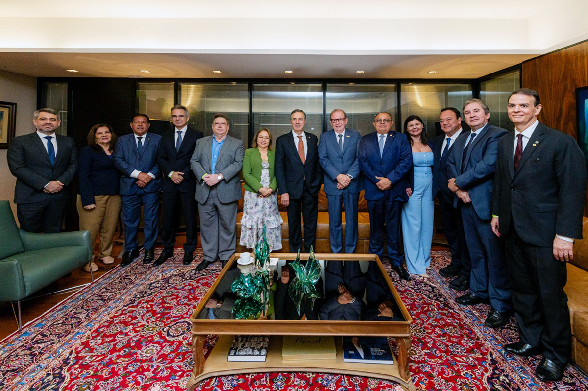 Uma foto de grupo mostra catorze pessoas, a maioria homens em ternos escuros e algumas mulheres em trajes sociais, posando em um ambiente formal com um tapete vermelho ornamentado e móveis de madeira e vidro. Todos olham para a câmera, alguns sorrindo.