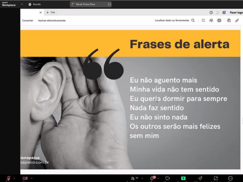 Um slide de apresentação mostra no topo uma faixa amarela com o título "Frases de alerta". Abaixo, um fundo cinza com uma imagem à esquerda de uma mão em concha atrás de uma orelha, como se estivesse ouvindo. À direita, uma lista de frases em branco.