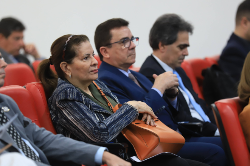 A foto em primeiro plano, em um auditório, destaca três pessoas na plateia. À frente, uma mulher de meia-idade, com cabelos castanhos presos, casaco listrado e blusa verde, segura uma bolsa laranja sobre as mãos, olhando para frente. A seu lado e atrás, dois homens de terno (um de óculos) também acompanham o evento.