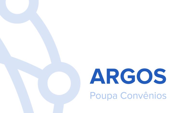 Imagem de fundo branco com um grande gráfico abstrato azul-claro de nós e conexões, parcialmente visível no lado esquerdo. No canto inferior direito, o nome "ARGOS" aparece em destaque, com letras grossas em azul escuro. Abaixo, o subtítulo "Poupa Convênios" está escrito em letras menores e mais claras.