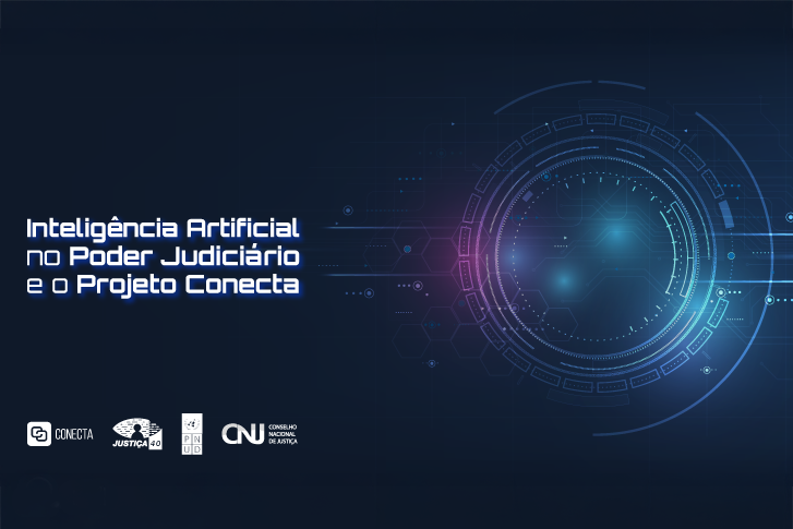 Aqui está uma descrição da imagem para audiodescrição:  Card digital horizontal com fundo azul escuro e texturas de circuitos tecnológicos. À esquerda, o título em branco com brilho neon diz: "Inteligência Artificial no Poder Judiciário e o Projeto Conecta". À direita, destaca-se um gráfico circular abstrato e futurista, brilhando em tons de ciano e roxo. No canto inferior esquerdo, estão alinhados os logotipos do Conecta, Programa Justiça 4.0, PNUD e CNJ.