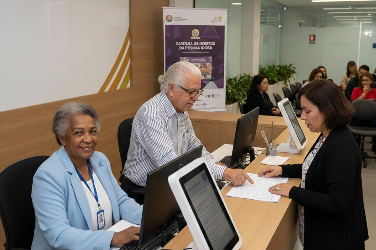 Uma mulher negra e um homem pardo, ambos idosos e sorridentes, trabalham no atendimento ao público em um escritório moderno e iluminado. Eles utilizam computadores e interagem com uma cliente, demonstrando profissionalismo e inclusão em um ambiente acolhedor. Ao fundo, um banner destaca a "Cartilha de Direitos da Pessoa Idosa", reforçando o tema de cidadania e respeito.