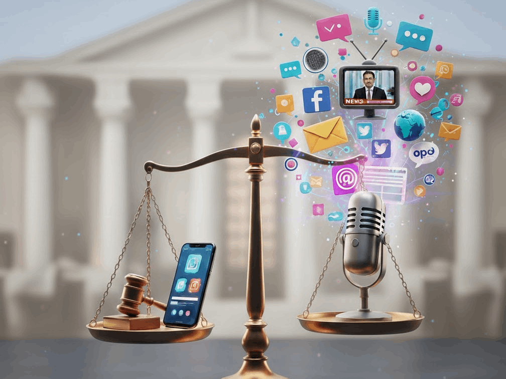 Imagem criada com IA. Uma balança dourada da Justiça está em primeiro plano, equilibrando de um lado um martelo de juiz (malhete) e um smartphone e do outro, um rádio. No fundo, há um prédio de Justiça. Acima e ao redor da balança, uma explosão vibrante de ícones de comunicação digital e tradicional, como redes sociais, balões de conversa, email, TV, microfone, representando a comunicação moderna.