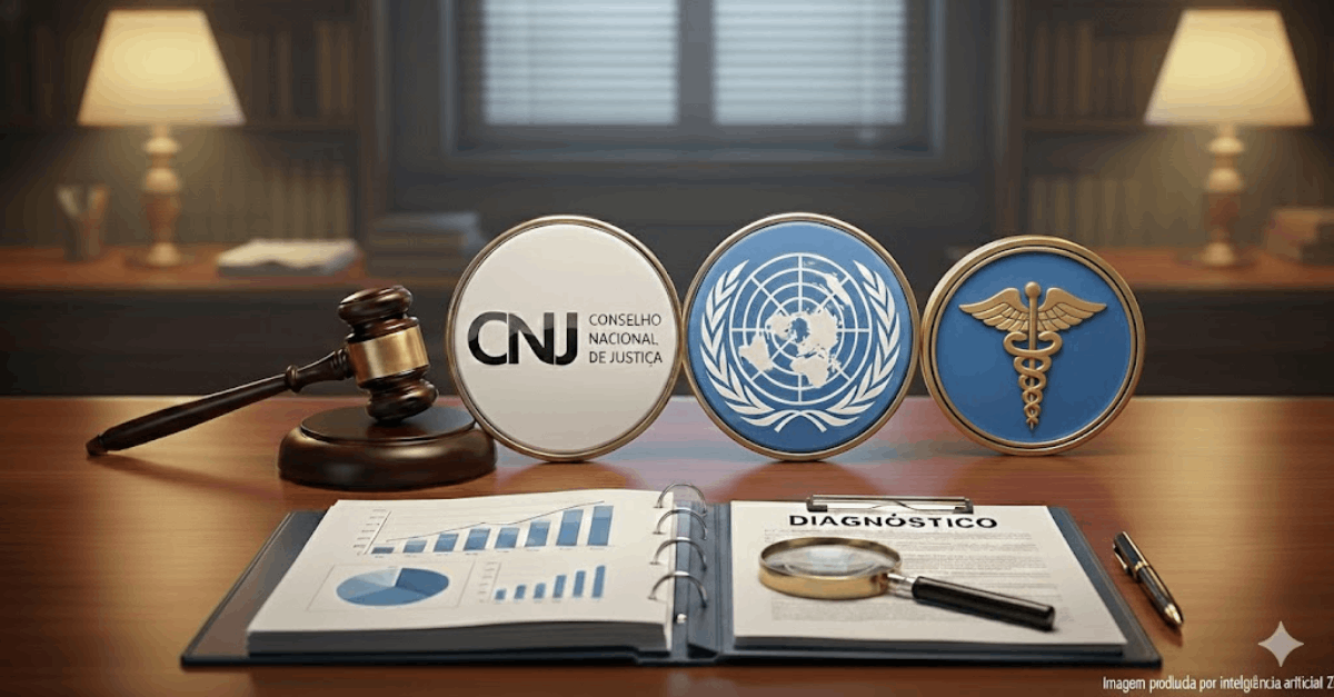 Sobre uma mesa de madeira, destacam-se um martelo de juiz à esquerda, o emblema das Nações Unidas ao centro e uma balança dourada à direita. Em primeiro plano, um relatório aberto exibe gráficos e o título "DIAGNÓSTICO", acompanhado por uma lupa e uma caneta de luxo. O cenário é um escritório clássico sob luz suave, contendo a legenda informativa de criação por inteligência artificial no canto inferior direito.