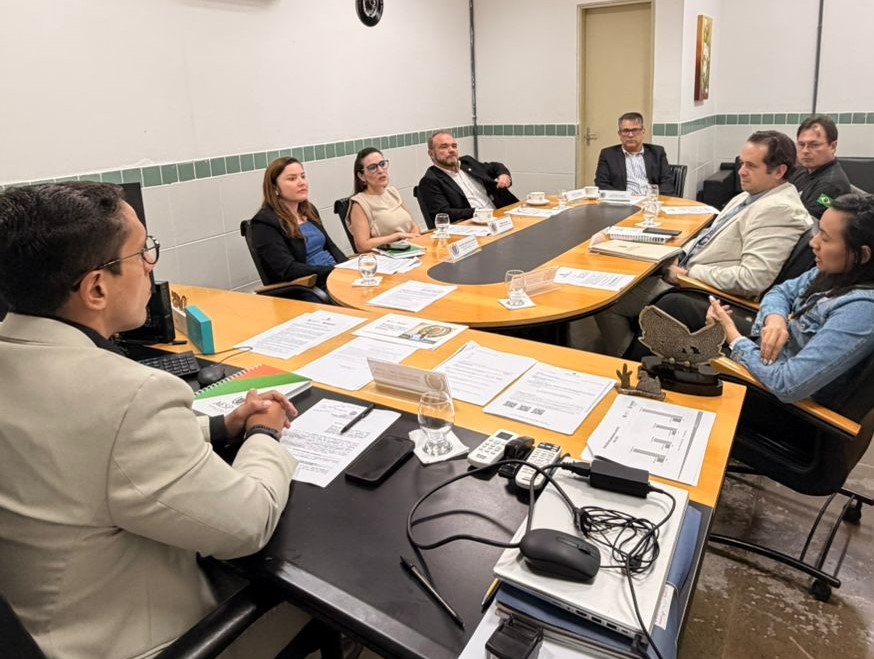 Representantes da Polícia Judicial do TRT-CE e da AESP estão reunidos em uma sala de escritório, dispostos ao redor de uma mesa oval com documentos e copos de água. À direita, em primeiro plano, um homem de paletó claro fala ao grupo, enquanto os demais participantes, homens e mulheres em trajes formais, ouvem atentamente. O ambiente possui paredes brancas com diplomas emoldurados e uma estatueta dourada sobre a mesa.