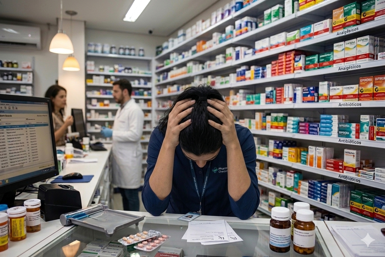 Imagem gerada por IA. Uma farmacêutica de cabelos escuros presos está atrás do balcão, com a cabeça levemente abaixada e uma expressão de profunda tristeza e desânimo. Ela veste um jaleco azul-marinho com crachá, contrastando com o ambiente iluminado da farmácia repleto de prateleiras organizadas ao fundo. À sua frente, sobre o balcão de vidro, repousam medicamentos e receitas, enquanto outros funcionários trabalham distantes, alheios ao seu semblante melancólico.