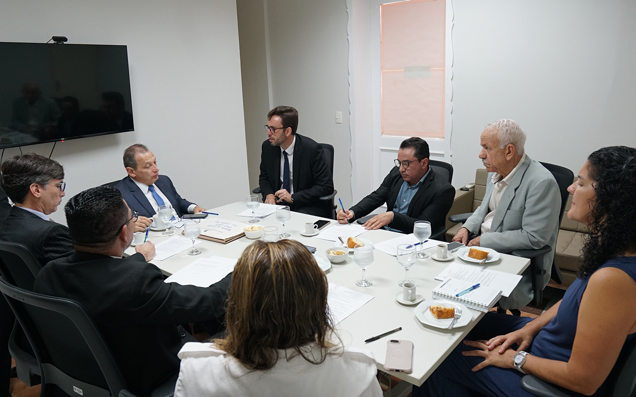 Fotografia colorida em plano médio lateral de sete pessoas reunidas em torno de uma mesa branca em ambiente de escritório. Os participantes estão sentados em cadeiras pretas, analisando documentos e conversando, com uma televisão desligada ao fundo. Sobre a mesa, veem-se pastas, cadernos, copos com água, xícaras de café e pequenas porções de bolo.