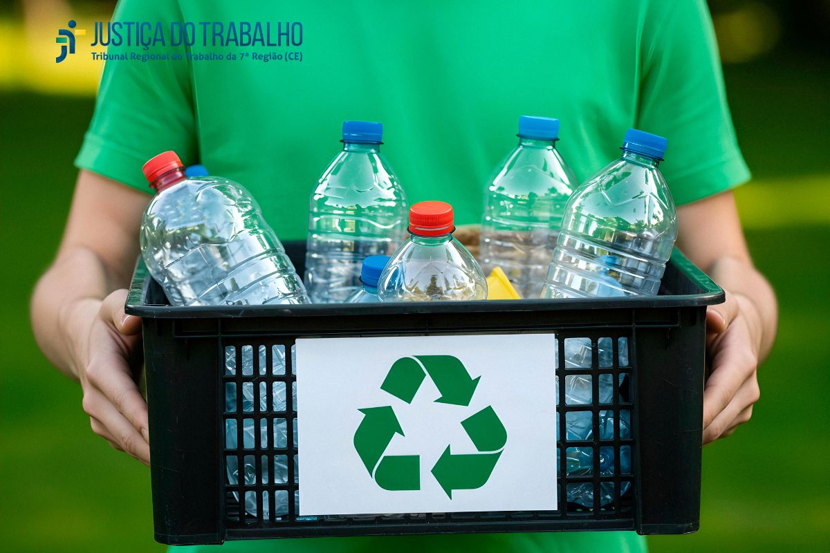 A imagem mostra uma pessoa segurando uma caixa plástica preta repleta de garrafas PET transparentes com tampas coloridas. No centro da caixa, há um cartaz branco com o símbolo verde da reciclagem. No canto superior esquerdo, lê-se a marca "JUSTIÇA DO TRABALHO" acompanhada do texto "Tribunal Regional do Trabalho da 7ª Região (CE)". O fundo é verde e desfocado, sugerindo um ambiente externo gramado.