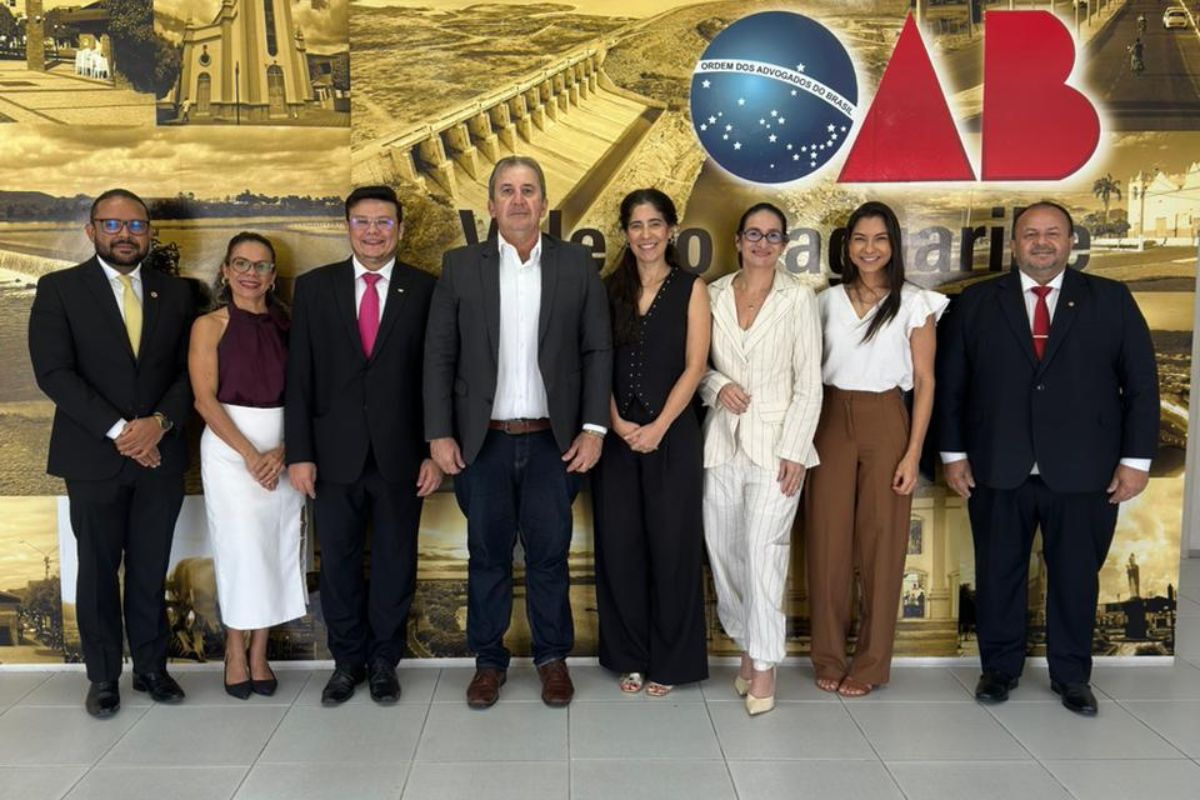 Oito pessoas — quatro homens e quatro mulheres — posam lado a lado em um ambiente interno para uma foto oficial. Os homens vestem ternos ou blazers casuais, enquanto as mulheres usam trajes formais em tons de branco, preto e marrom. Ao fundo, há um grande painel decorativo com o logotipo da OAB