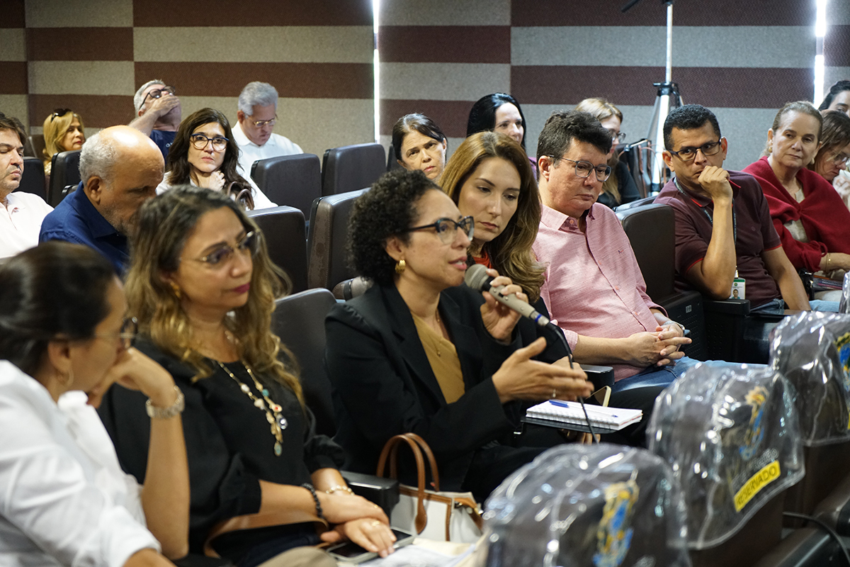 Em close, uma mulher de cabelos cacheados e óculos fala ao microfone durante uma reunião ou palestra. Ao seu redor, outras pessoas em poltronas de auditório ouvem com expressões sérias e concentradas. O fundo apresenta uma parede com faixas horizontais em tons de marrom e cinza.