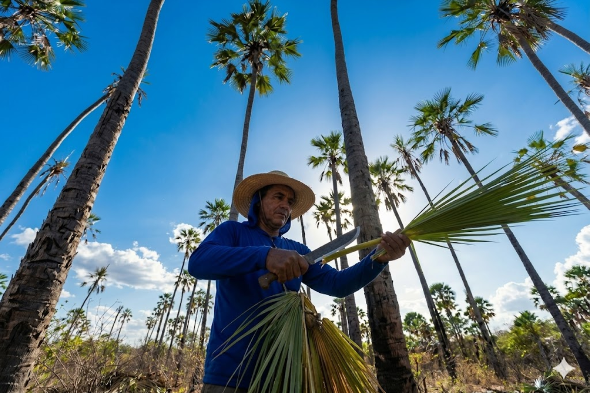 Homem de chapéu de palha e camisa azul segura um facão enquanto manuseia uma folha verde de carnaúba em primeiro plano.  A foto, tirada de baixo para cima, destaca os troncos esguios e altos de várias palmeiras que cortam a imagem verticalmente.  Ao fundo, um céu azul intenso e ensolarado com nuvens esparsas emoldura a cena do trabalho rural.