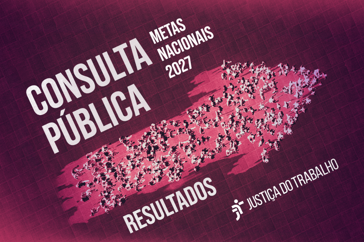 Imagem com fundo em tons de rosa e roxo, com textura de grade. À esquerda, em letras grandes brancas, lê-se: “Consulta Pública”. Ao lado, aparece o texto “Metas Nacionais 2027” e, abaixo, “Resultados”. No centro, uma composição de pequenas figuras de pessoas forma o contorno do mapa do Brasil. No canto inferior direito, está o logotipo e o nome da Justiça do Trabalho.