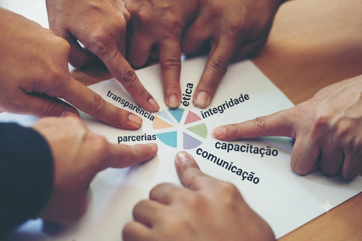 Uma imagem foca em mãos de pessoas apontando para um gráfico de pizza central, cercado pelas palavras "ética", "integridade", "capacitação", "comunicação", "parcerias" e "transparência".