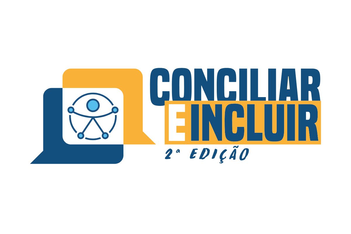 Logotipo da 2ª edição do evento “Conciliar é Incluir”, em fundo branco. À esquerda, há dois balões de diálogo sobrepostos, nas cores azul e amarelo, contendo um símbolo estilizado que representa uma pessoa com os braços abertos dentro de um círculo. À direita, o texto “CONCILIAR” em azul e “E INCLUIR” em destaque nas cores branca e azul sobre uma faixa amarela. Abaixo, aparece a inscrição “2ª EDIÇÃO” em azul, em fonte cursiva.