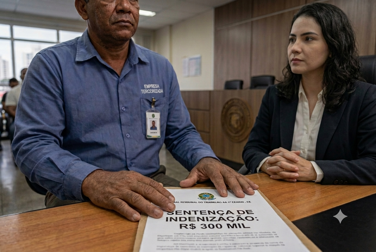 O homem veste camisa social azul-clara com bolsos no peito e crachá de identificação pendurado no bolso do peito. A mulher veste blazer preto com camisa social branca por baixo e cabelos pretos longos e ondulados caindo sobre os ombros. Ela está sentada atrás de uma mesa de madeira e com as mãos entrelaçadas sobre a mesa. Há um papel na mesa que diz: SENTENÇA DE INDENIZAÇÃO: R$ 300 MIL. O fundo está desfocado, com mesas de madeira e cadeiras de escritório.