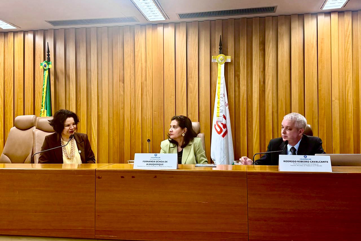 Três pessoas estão sentadas lado a lado em uma bancada de madeira em um auditório formal. À esquerda, uma mulher de casaco marrom sorri; ao centro, uma mulher de blazer claro olha para a direita; à direita, um homem de terno preto fala ao microfone. À frente das duas últimas pessoas, há placas de identificação brancas com logos e seus respectivos nomes. Ao fundo, há um painel revestido por ripas verticais de madeira e duas bandeiras posicionadas em hastes. A iluminação do ambiente é interna e direcionada sobre a bancada.