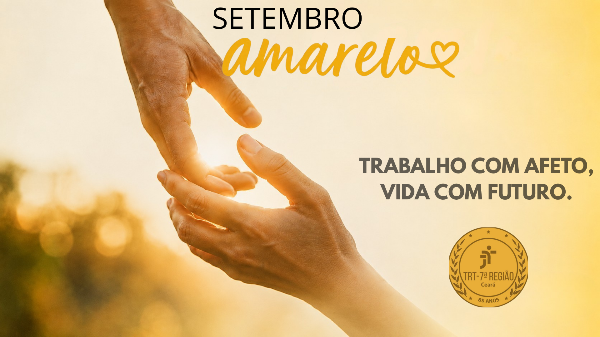 Imagem em tons de amarelo mostra duas mãos, uma adulta e outra menor, em gesto de cuidado e acolhimento; na parte superior, lê-se “Setembro Amarelo”, acompanhado de um coração; à direita, aparece a frase “Trabalho com afeto, vida com futuro.”; no canto inferior direito, há o selo comemorativo dos 85 anos do TRT da 7ª Região – Ceará.