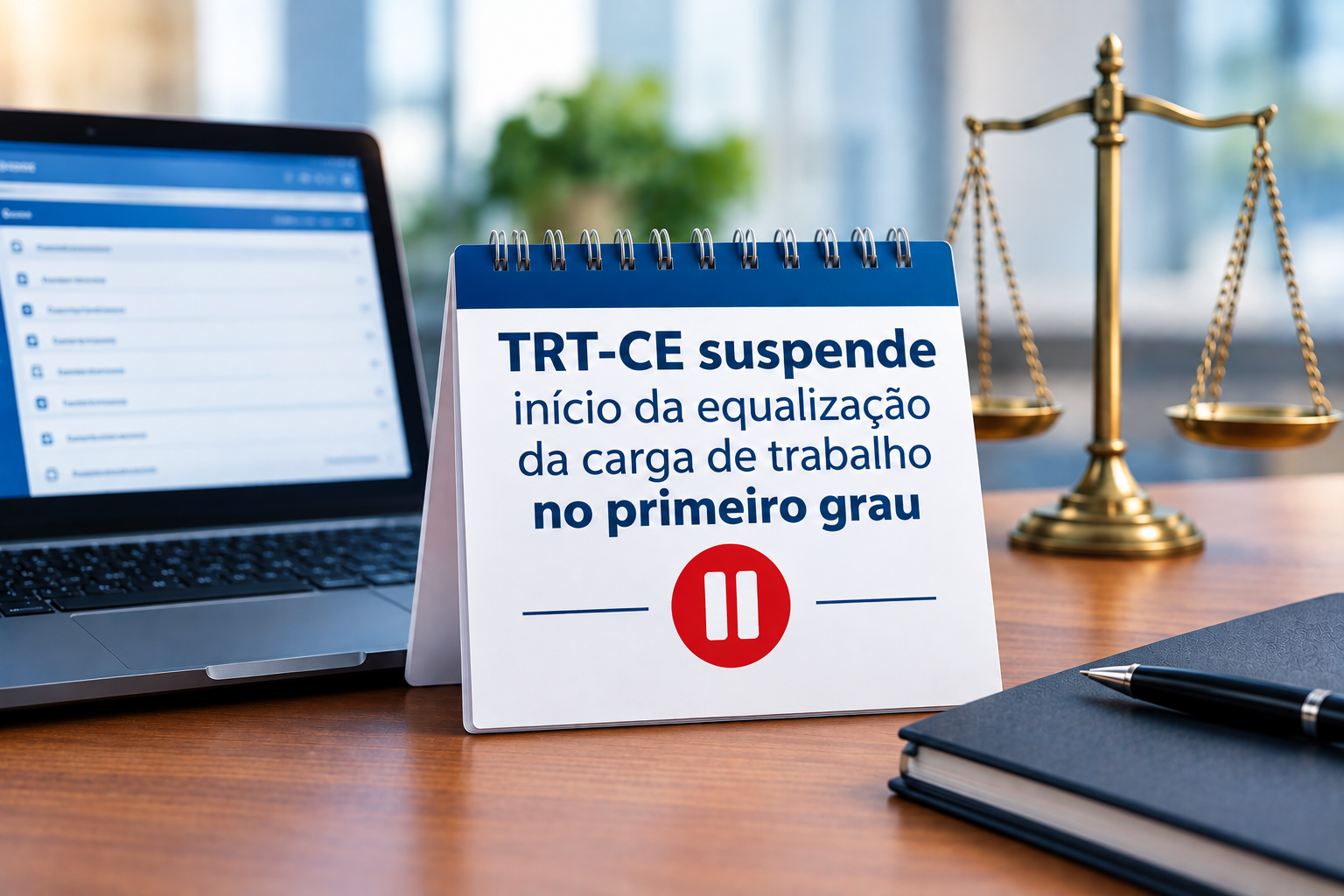 Fotografia de um ambiente de escritório, com um notebook à esquerda, uma agenda de mesa ao centro e uma balança da Justiça desfocada ao fundo. A agenda exibe a mensagem “TRT-CE suspende início da equalização da carga de trabalho no primeiro grau”, acompanhada de um símbolo vermelho de pausa. Sobre a mesa de madeira, há um caderno escuro e uma caneta.