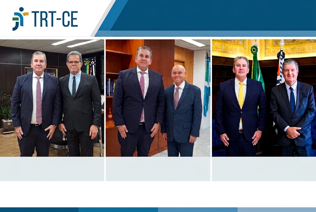 Imagem institucional com a marca do TRT-CE no topo e três fotos lado a lado, em formato vertical. Da esquerda para a direita, estão o conselheiro do CNJ acompanhado do presidente do TRT-2, desembargador Valdir Florindo; em seguida, o conselheiro ao lado do presidente do TRF-3, desembargador federal Luís Antonio Johonsom di Salvo; e, à direita, o conselheiro junto ao presidente do TJSP, desembargador Francisco Eduardo Loureiro. Todos estão trajando terno e gravata, posicionados em pé no centro de seus respectivos gabinetes.
