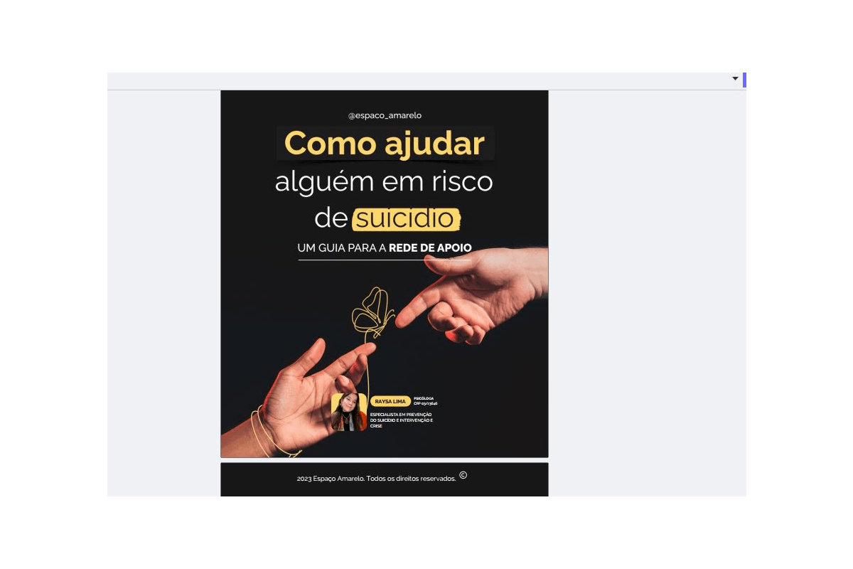 Cartaz com fundo preto e o título “Como ajudar alguém em risco de suicídio – UM GUIA PARA A REDE DE APOIO”. No centro, a ilustração de duas mãos estendidas se conectando por uma linha amarela que forma uma borboleta. No canto inferior, um pequeno cartão identifica a palestrante Raysa Lima, psicóloga e especialista em prevenção do suicídio.