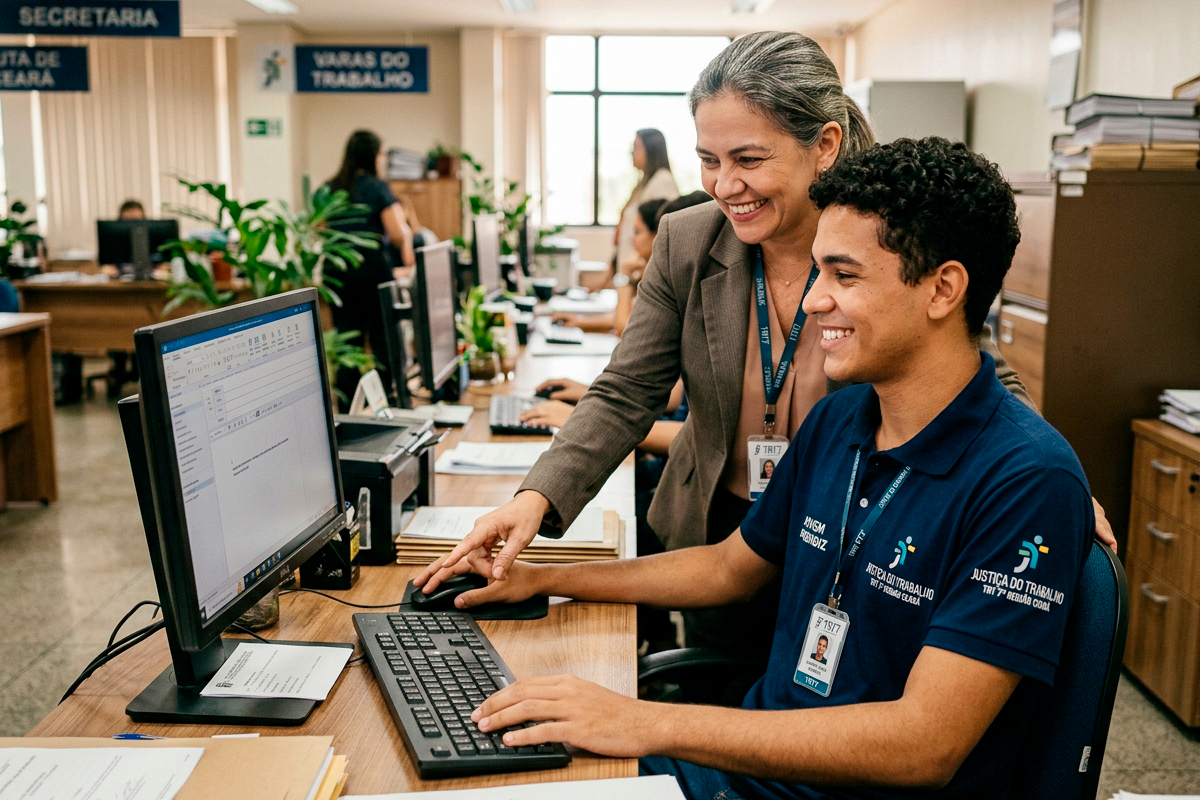 Fotografia em ambiente de escritório iluminado. Um jovem de cabelos curtos e cacheados, usando camisa polo azul-marinho com a logomarca da Justiça do Trabalho, está sentado em frente a um computador, sorrindo enquanto usa o teclado e o mouse. Ao seu lado, uma mulher de casaco marrom e cabelos grisalhos amarados se inclina sorridente, apontando para a tela do monitor e orientando o rapaz. No fundo, veem-se outras mesas de trabalho, computadores, plantas e a sinalização "VARAS DO TRABALHO".