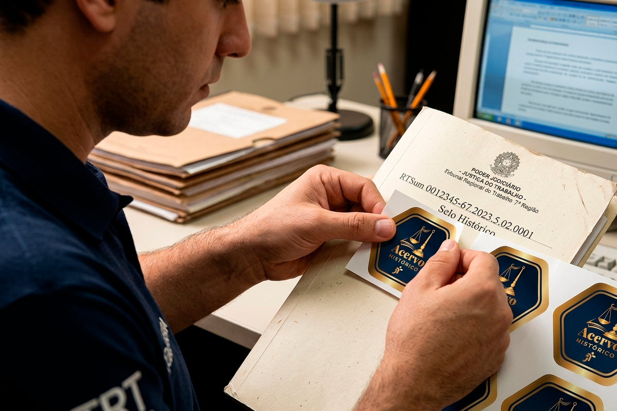 Fotografia em plano médio do perfil de um homem aplicando um adesivo dourado e azul com o texto "Acervo Histórico" em um documento em pasta física. O documento contém o brasão da República e os dizeres "PODER JUDICIÁRIO - JUSTIÇA DO TRABALHO - Tribunal Regional do Trabalho 7ª Região" e o número "RTSum 0012345-67.2023.5.02.0001 Selo Histórico". Ao fundo, desfocados, veem-se uma pilha de pastas sobre a mesa de escritório, um porta-lápis e um monitor de computador ligado.