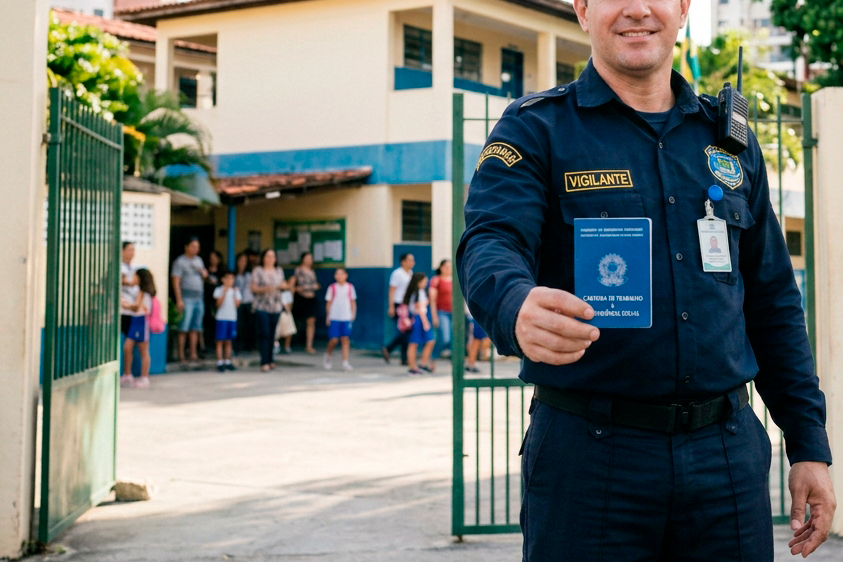 Em primeiro plano, do lado direito, um homem vestindo uniforme de vigilante azul-marinho sorri e exibe uma carteira de trabalho azul em direção à câmera. Ele traz um crachá de identificação no peito, o trecho "VIGILANTE" costurado no bolso e um rádio comunicador no ombro. Ele está posicionado diante do portão verde aberto de uma escola. Ao fundo, fora de foco, várias pessoas, incluindo adultos e crianças com uniformes escolares, caminham pelo pátio do prédio de dois andares.
