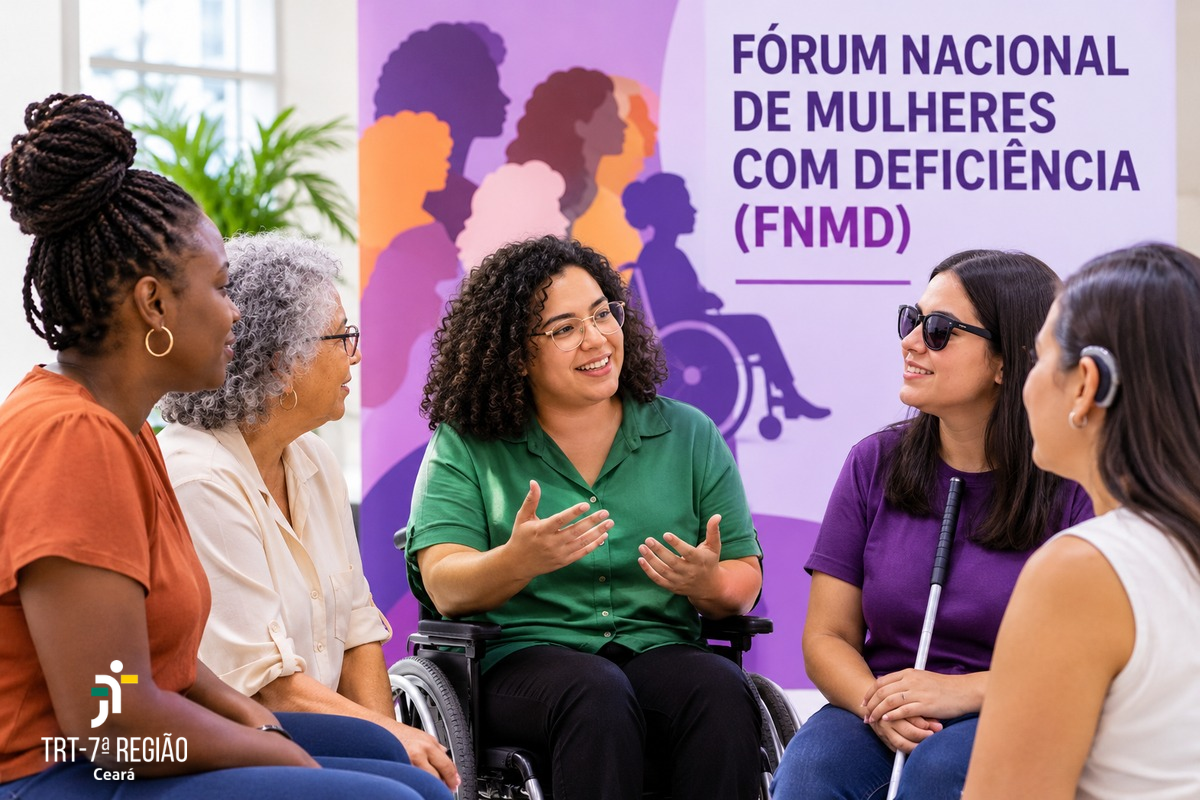 Fotografia de cinco mulheres conversando em um ambiente interno. Ao centro, uma mulher com deficiência física, sentada em cadeira de rodas, gesticula enquanto fala. As demais mulheres a escutam, incluindo uma mulher com deficiência visual, que utiliza óculos escuros e bengala, e outra com aparelho auditivo. Ao fundo, um painel roxo apresenta o nome “Fórum Nacional de Mulheres com Deficiência (FNMD)”. No canto inferior esquerdo, aparece a logomarca do TRT da 7ª Região – Ceará.