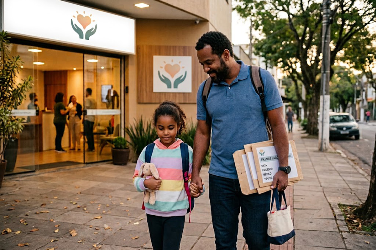 Imagem na horizontal de um pai negro sorridente caminhando de mãos dadas com a sua filha em frente a uma clínica médica com fachada bege e logótipo de um coração entre duas mãos. O pai veste t-shirt azul, carrega uma mochila e segura vários envelopes de exames, enquanto a menina, de camisola listada e mochila azul, caminha ao seu lado a segurar um coelho de peluche. Ao fundo, avista-se a receção iluminada do estabelecimento e a calçada com árvores.