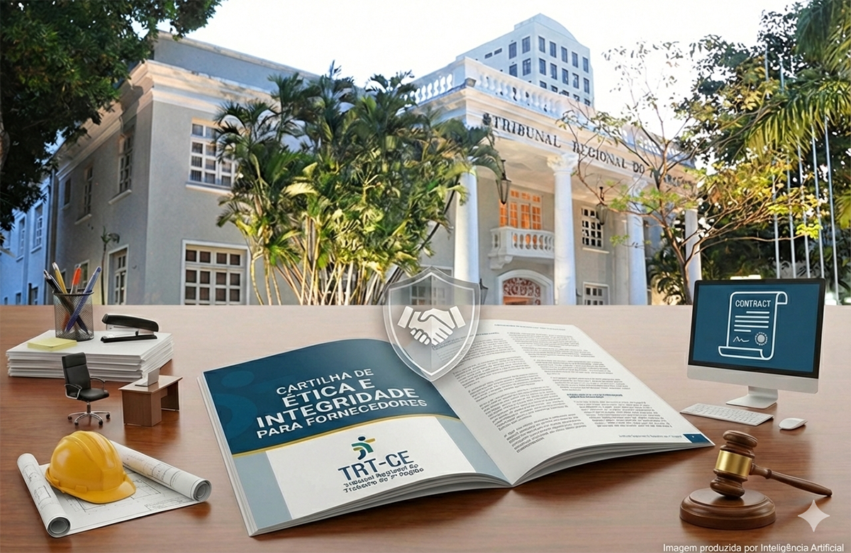 "Composição digital sobre uma mesa de madeira escura. No centro, a Cartilha de Ética e Integridade para Fornecedores está aberta, exibindo o título e a logomarca oficial do TRT-CE. Sobre o livro, flutua um ícone de escudo prateado com um aperto de mãos, simbolizando confiança e integridade. Ao redor da cartilha, encontram-se diversos objetos representativos: à esquerda, um capacete de obra amarelo sobre plantas arquitetônicas (serviços de engenharia); à direita, um malhete de madeira (justiça) e um monitor exibindo um documento de contrato. O fundo da imagem mostra a fachada do edifício sede do TRT-7 em desfoque. No canto inferior direito, consta o aviso em letras pequenas: 'Imagem produzida por Inteligência Artificial'."